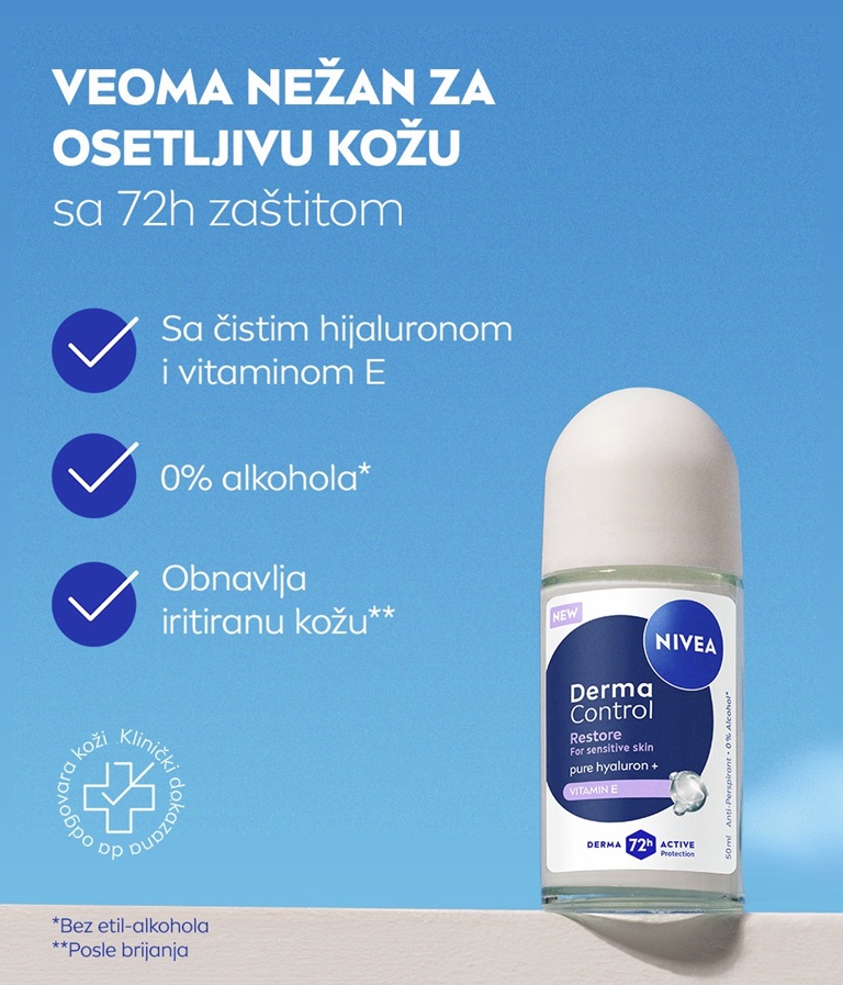 A blurred young woman smiles, with her hand in focus holding up the NIVEA Derma Control Restore Deo Roll-On.