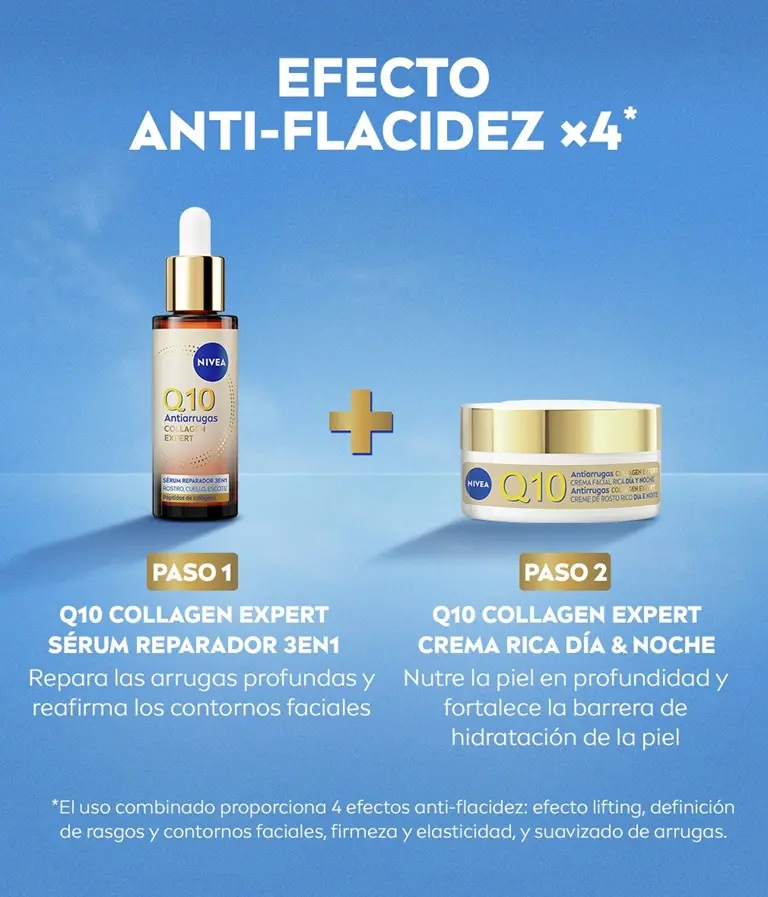 Sérum Reparador 3en1 NIVEA Q10 Anti‑Arrugas Collagen Expert; Crema Rica Día & Noche Q10 Anti‑Arrugas Collagen Expert.