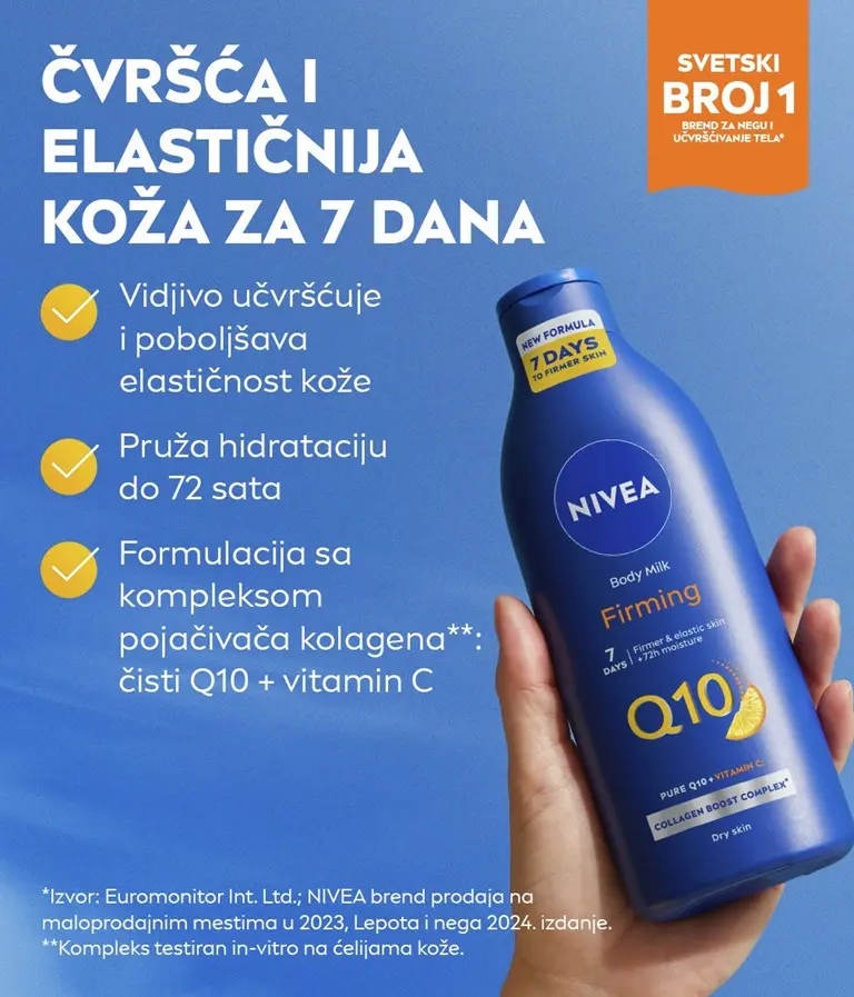 hand holding the Q10 Firming Body Milk 400 ML withfirm skin benefits mentioned