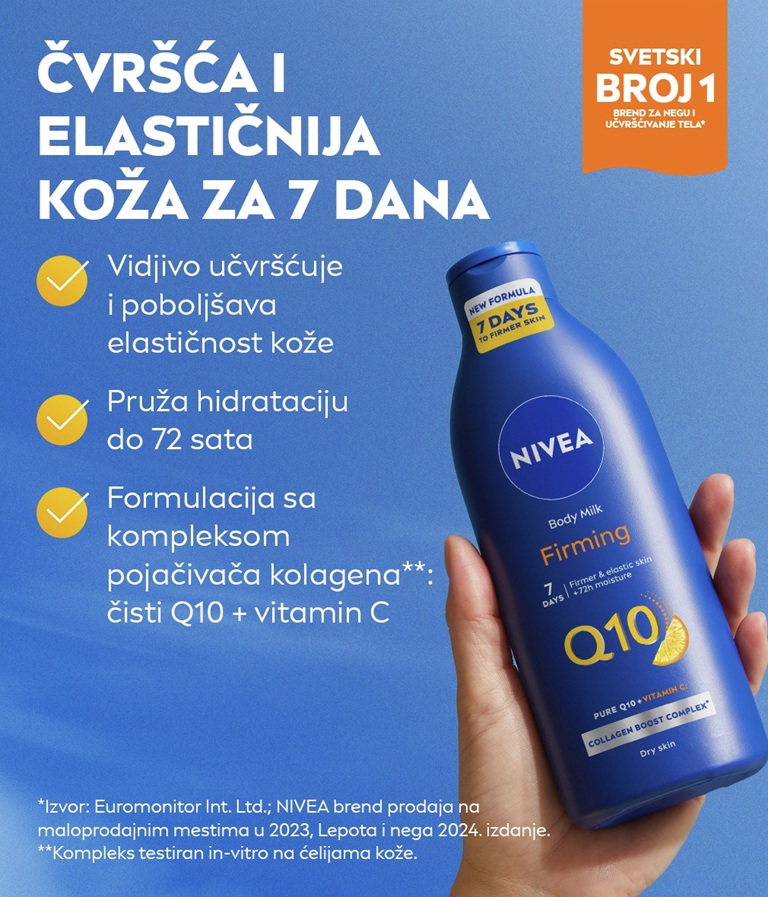 hand holding the Q10 Firming Body Milk 400 ML withfirm skin benefits mentioned