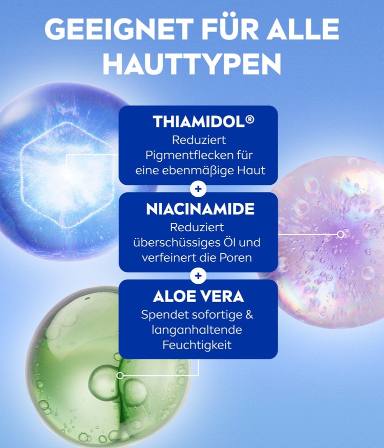 Three molecules featured: light blue for THIAMIDOL, lavender for Niacinamide, and green for Aloe Vera.