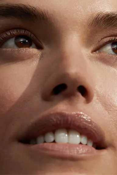 A before image of a young woman's face demonstrating the morning micellar water routine.