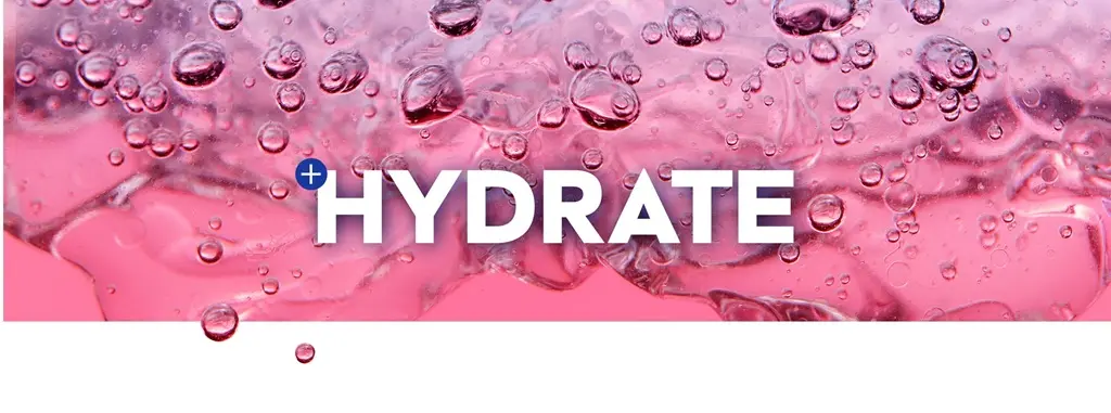 A bright, bubbly pink background with the word,"HYDRATE".