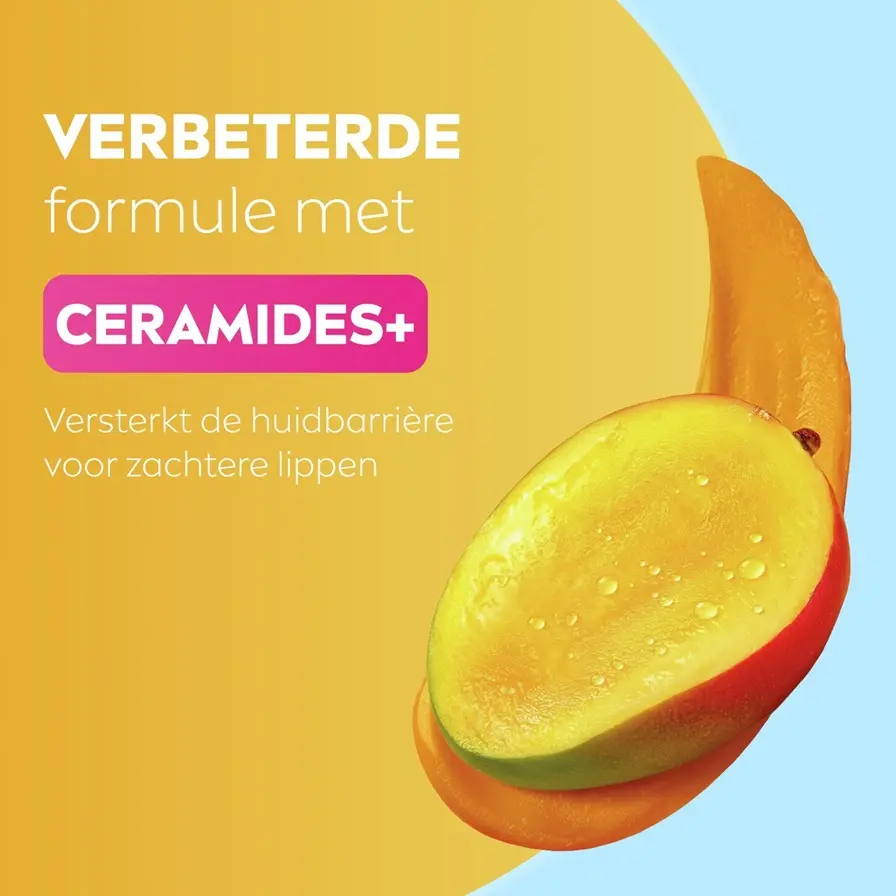 Sliced mango beside text about an improved Ceramides+ formula to strengthen the skin barrier for softer lips