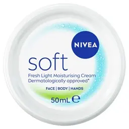 Round white 50 ml tub of NIVEA Soft moisturizing cream for face, body and hands, viewed from above