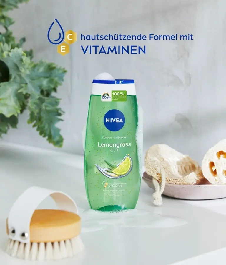 NIVEA Duschgel Lemongrass & Oil Produktabbildung mit Benefits