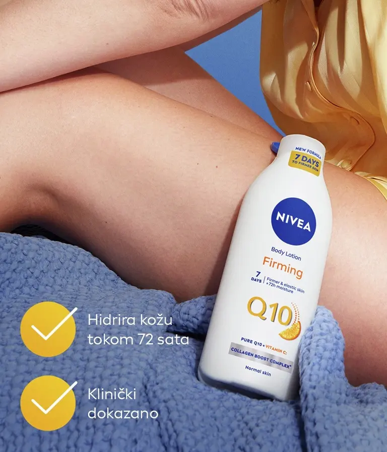 A woman with firm skin on her legs featured next to NIVEA Q10 Firming Body Lotion 400 ML.