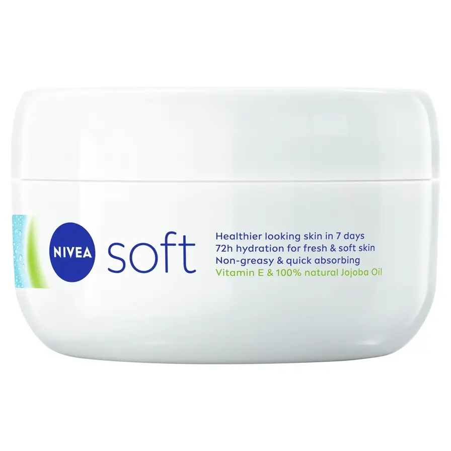 White jar of NIVEA Soft moisturizing cream with vitamin E and jojoba oil, on a white background