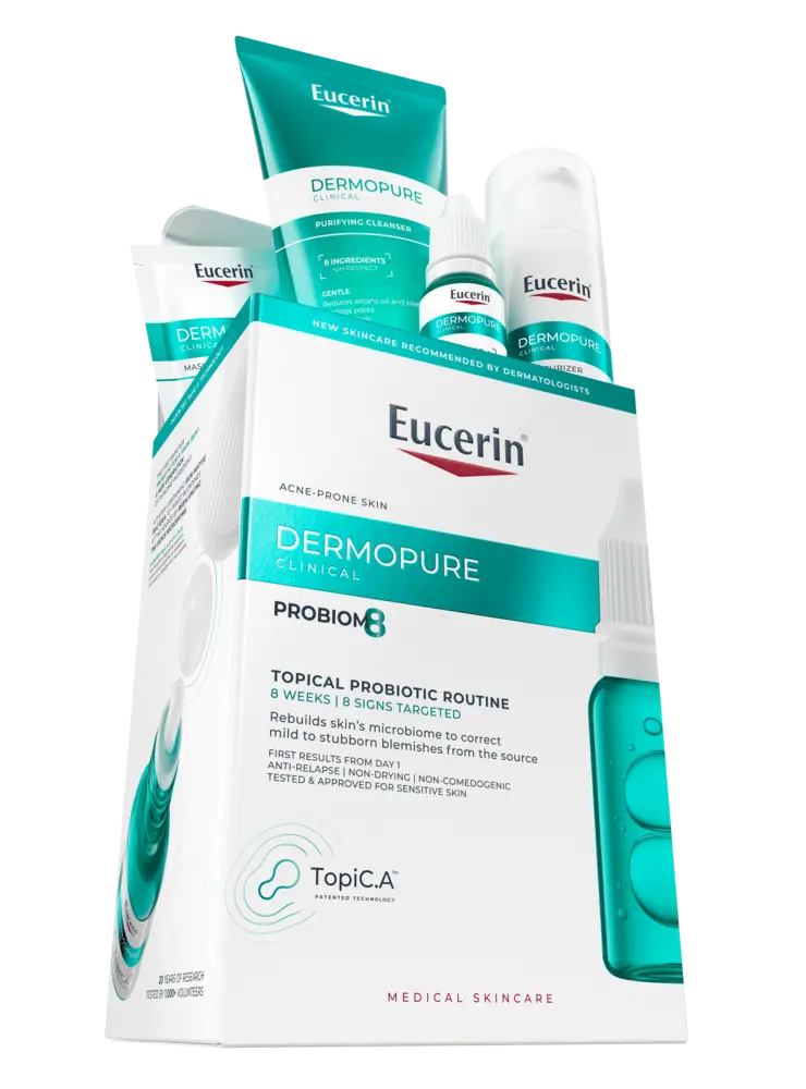 Eucerin Probiom8 products coming out of the box for acne-prone skin
