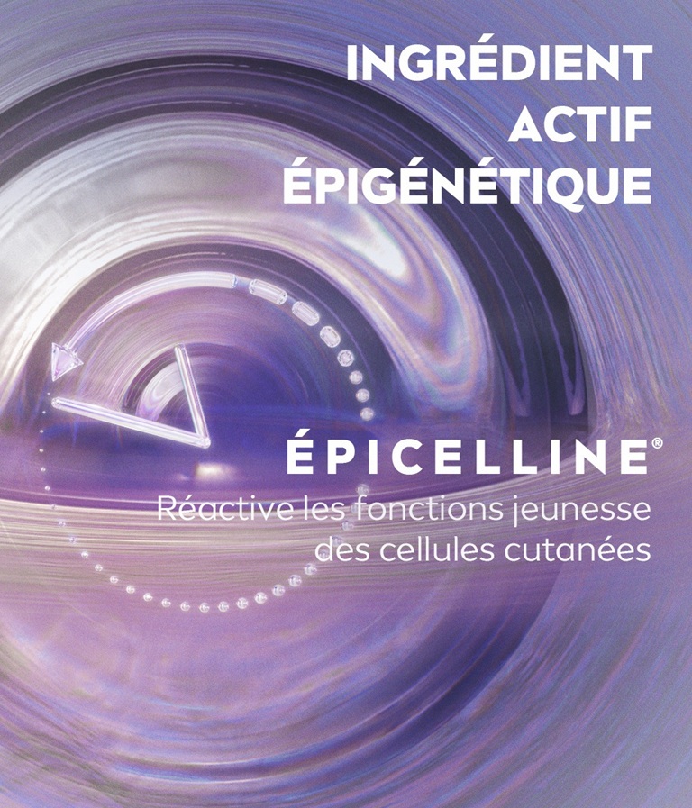 Une horloge futuriste inversant le temps, à côté du texte : INGRÉDIENT ACTIF Épigénétique EPICELLINE® réactive les fonctions jeunesse des cellules cutanées