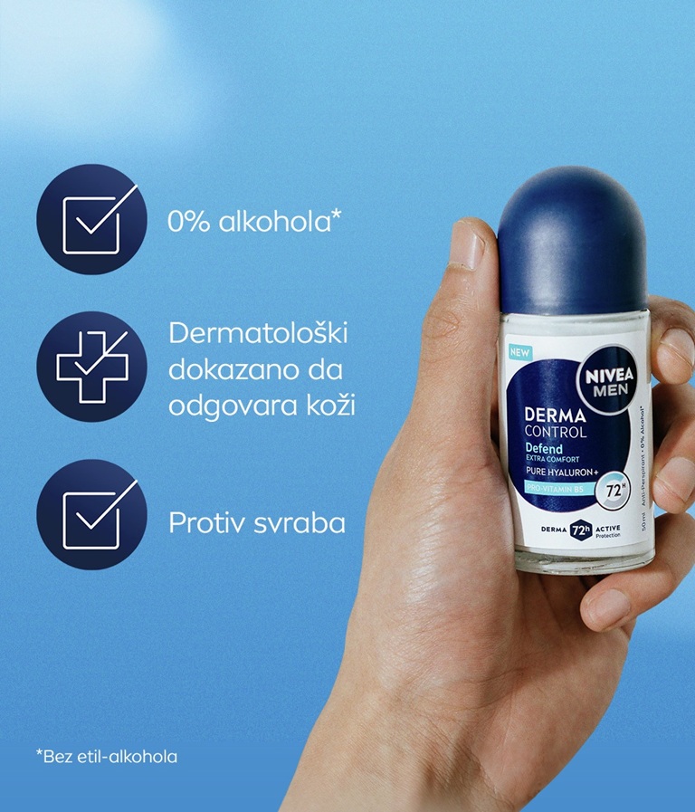 A young man smiles while lifting his arm and applying NIVEA MEN Derma Control Defend Deo Roll-On.