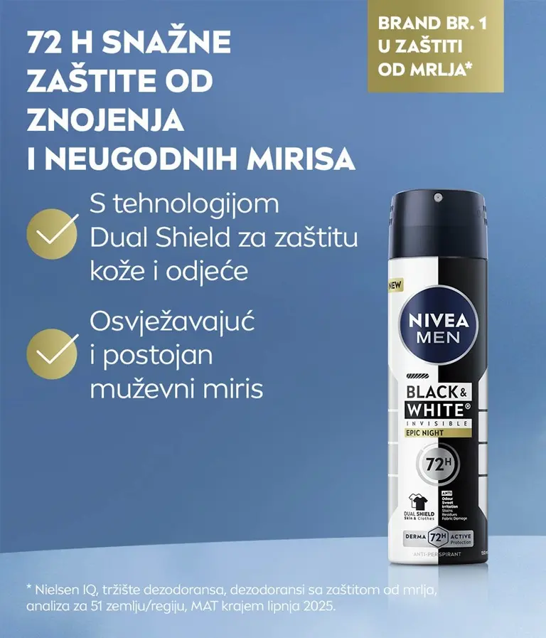 NIVEA Men Black & White Epic Night antiperspirant spray beside text about 72-hour sweat and odor protection