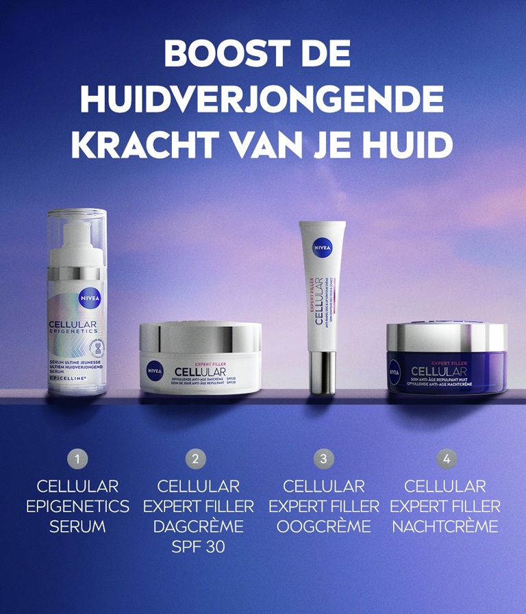 Een rij van 4 NIVEA Cellular producten naast de tekst "Boost de huidverjongende kracht van je huid"