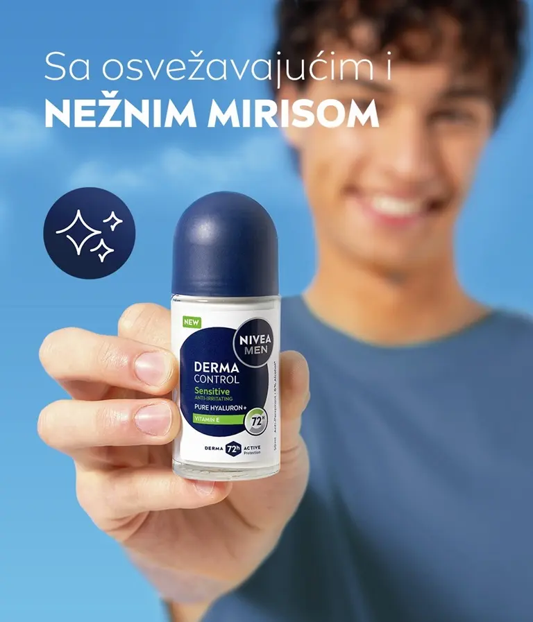 A hand holds up the NIVEA MEN Derma Control Sensitive Deo Roll-On against a sky background, with list of benefits.