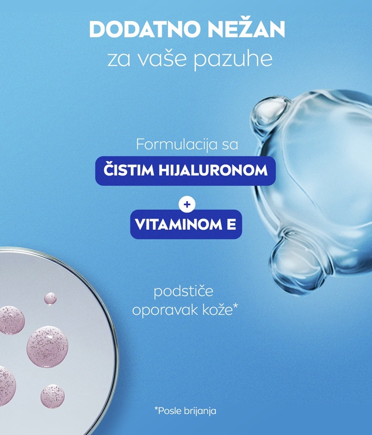 A blurred young woman smiles, with her hand in focus holding up the NIVEA Derma Control Restore Deo Roll-On.
