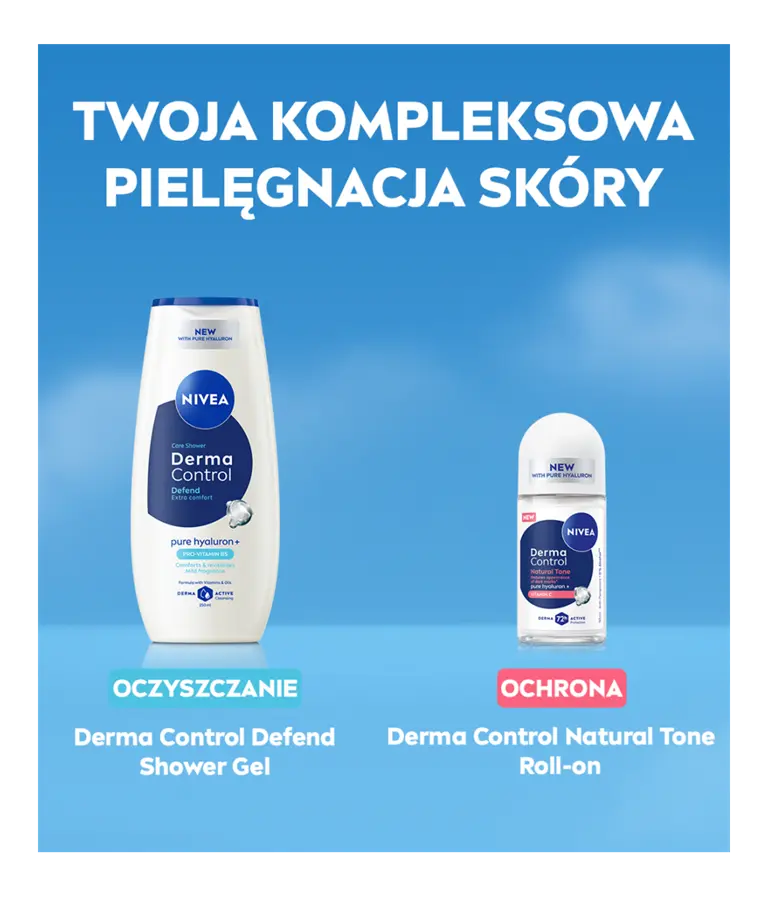NIVEA Derma Control Defend Care Żel pod prysznic i NIVEA Derma Control Natural Tone Deo Roll-On,z tekstem na temat rutyny pielęgnacyjnej.