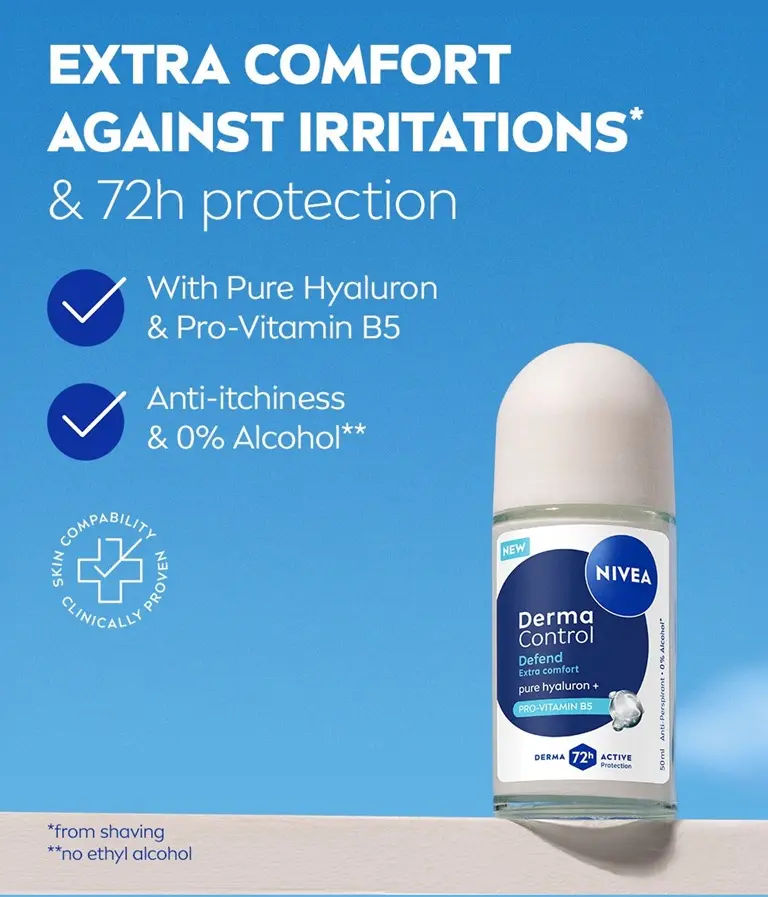 NIVEA Derma Control Defend Deo Roll-On, with enlarged ingredient molecules representing PURE HYALURON and PRO-VITAMIN B5.