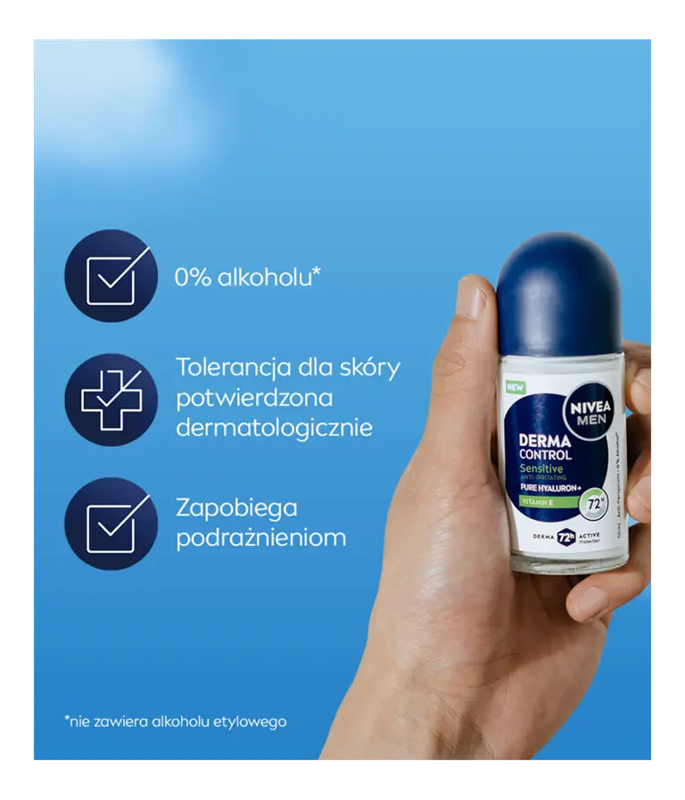 Ręka trzyma NIVEA MEN Derma Control Sensitive Deo Roll-On na tle nieba, z listą korzyści.