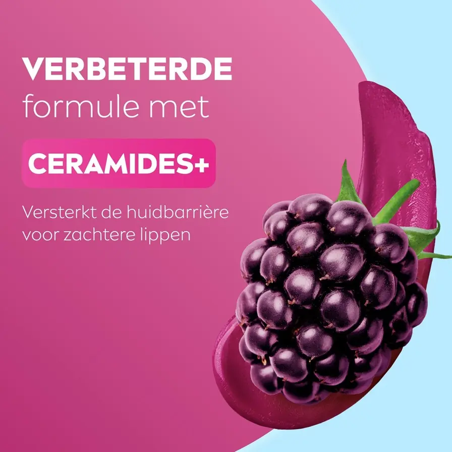 Blackberries and a pink lip balm smear beside text about a ceramide formula for the skin barrier and softer lips