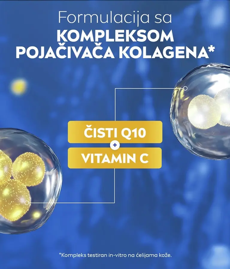 Two ingredient molecules, silvery Pure Q10 and yellow Vitamin C.