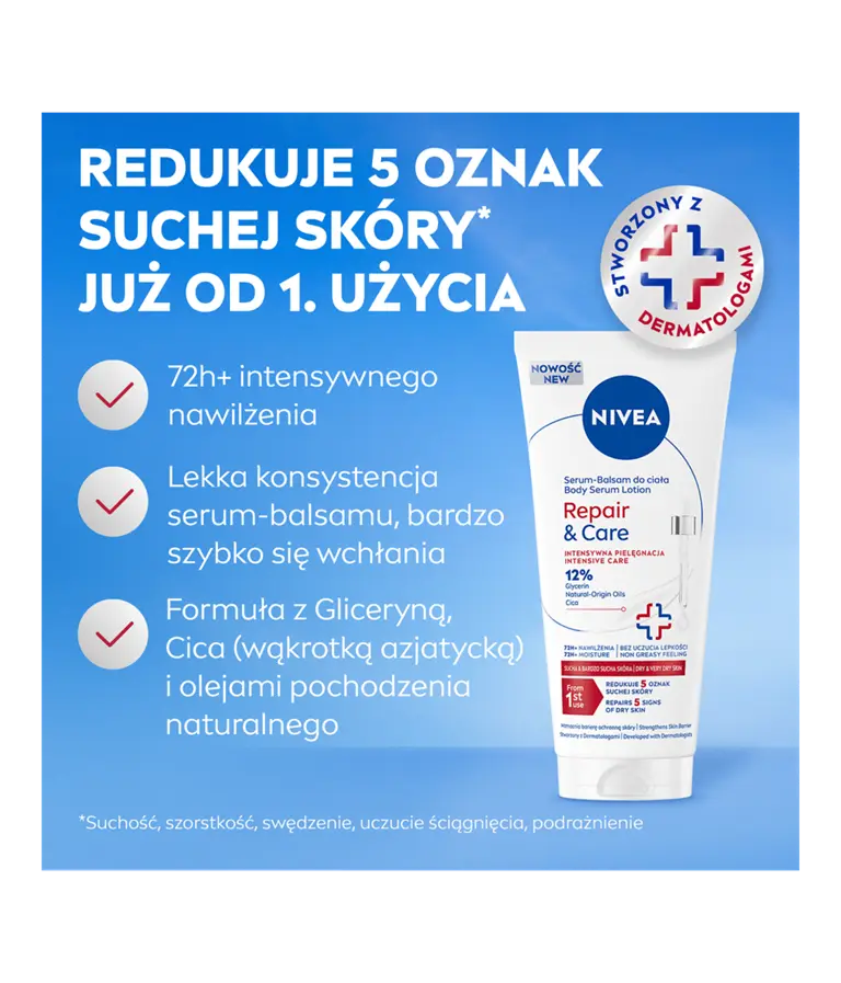NIVEA Repair & Care Body Serum Lotion benefits include 72h+ intensive moisture and repairs 5 signs of dry skin* from 1st use