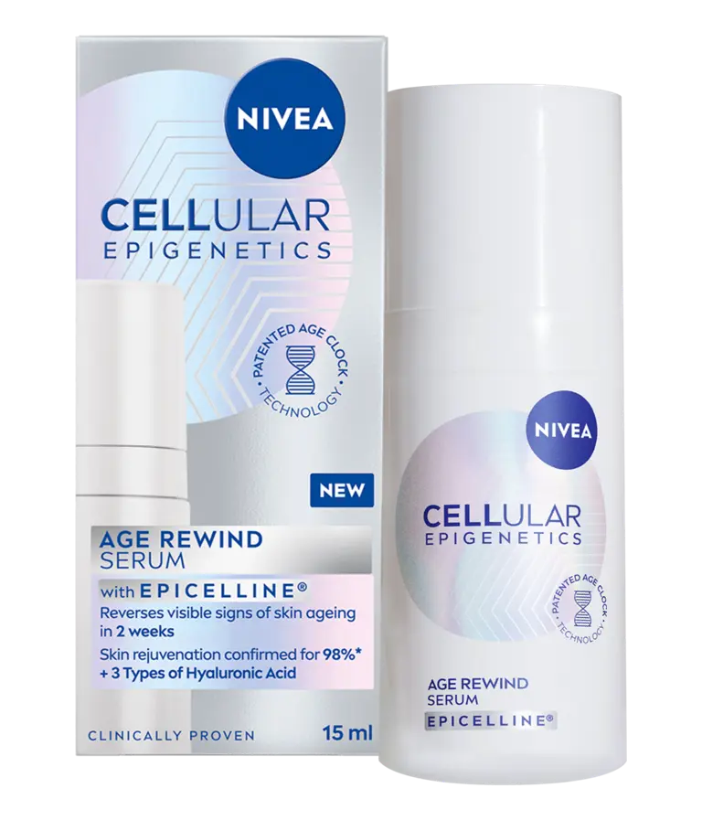 A woman smiles knowingly, featured next to a list of product facts of NIVEA CELLULAR Epigenetics - Rejuvenating Serum with EPICELLINE®.