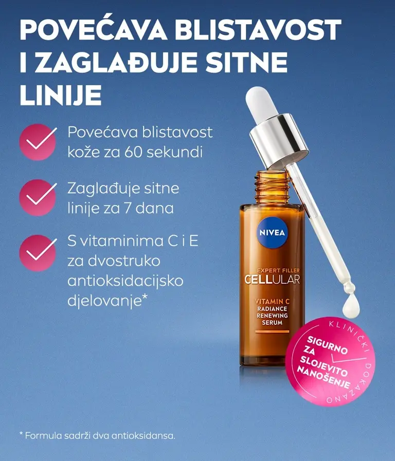 Amber bottle and dropper of NIVEA Cellular Vitamin C Radiance Renewing Serum beside radiance and fine-line benefits