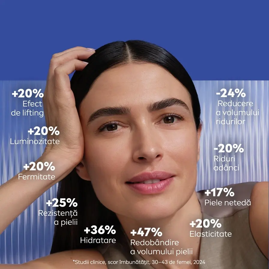 A woman smiles knowingly, featured next to a list of product facts of NIVEA CELLULAR Epigenetics - Rejuvenating Serum with EPICELLINE®.
