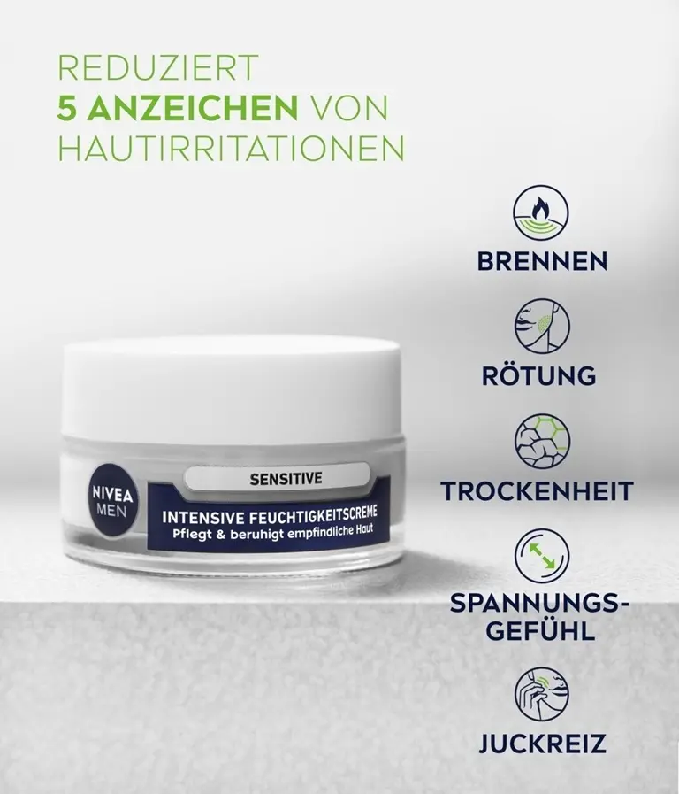 NIVEA Sensitve Intensive Feuchtigkeitscreme Produktabbildung mit Benefits