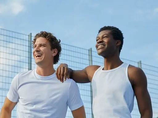 Two smiling men in white tops standing arm in arm beside an outdoor sports court fence