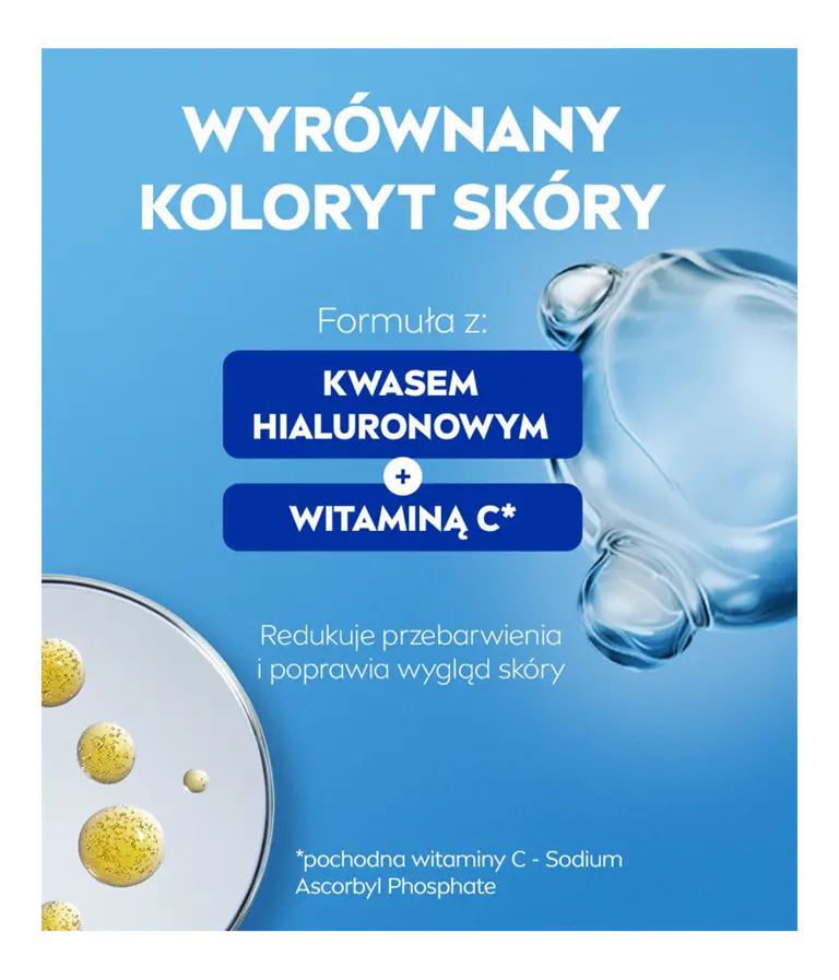 Cząsteczki składników czystego hialuronu i witaminy C, z napisem