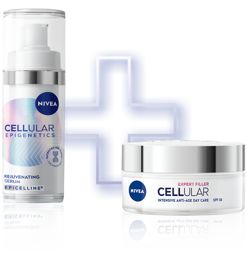 Kaksi NIVEA CELLULAR -tuotetta kuvattuna vierekkäin, toinen Epigenetics-seerumi ja toinen päivävoide.