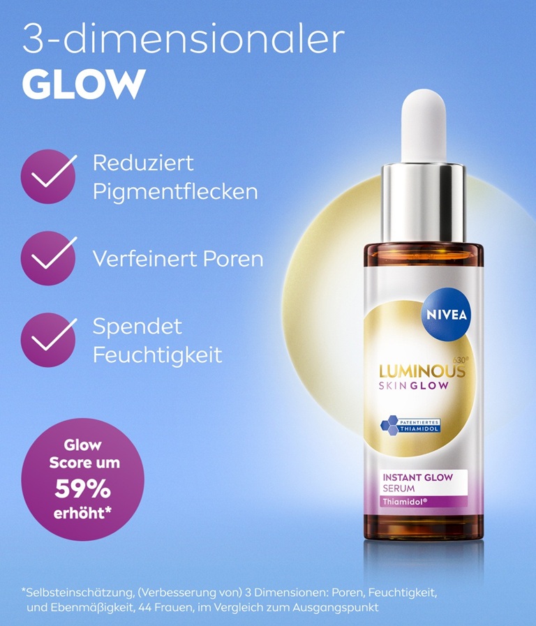 A bottle of NIVEA LUMINOUS630® Skin Glow Instant Glow Serum against a pale yellow circle and light blue background.