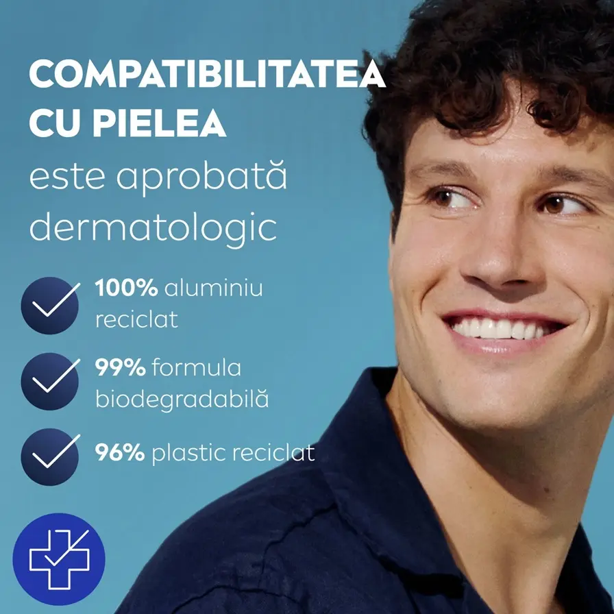 NIVEA MEN Sensitive Daily Protect Moisturiser with a list of benefits against a teal sky background.