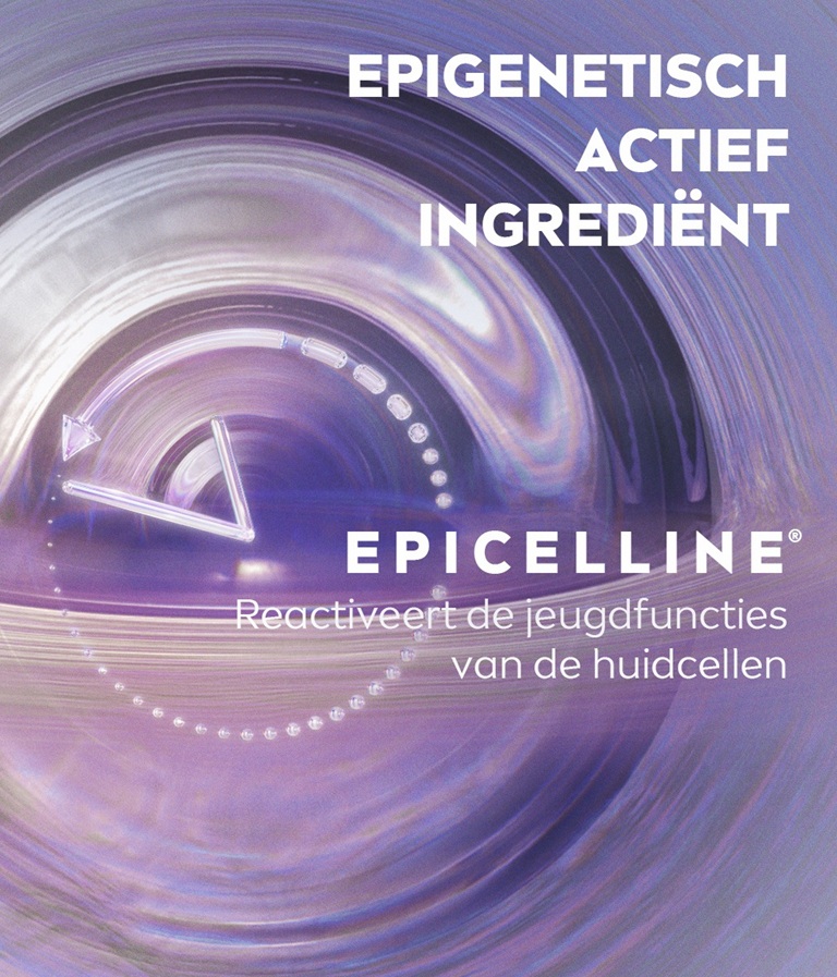Een futuristische tijdsklok naast de tekst Epigenetisch Actief Ingrediënt EPICELLINE® reactiveert de jeugdfuncties van de huidcellen.