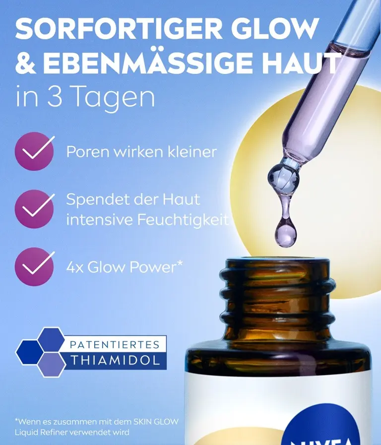 A close-up of the NIVEA LUMINOUS630® Skin Glow Instant Glow Serum 15ml, with the dropper hovering above the bottle with a single serum droplet hanging off.