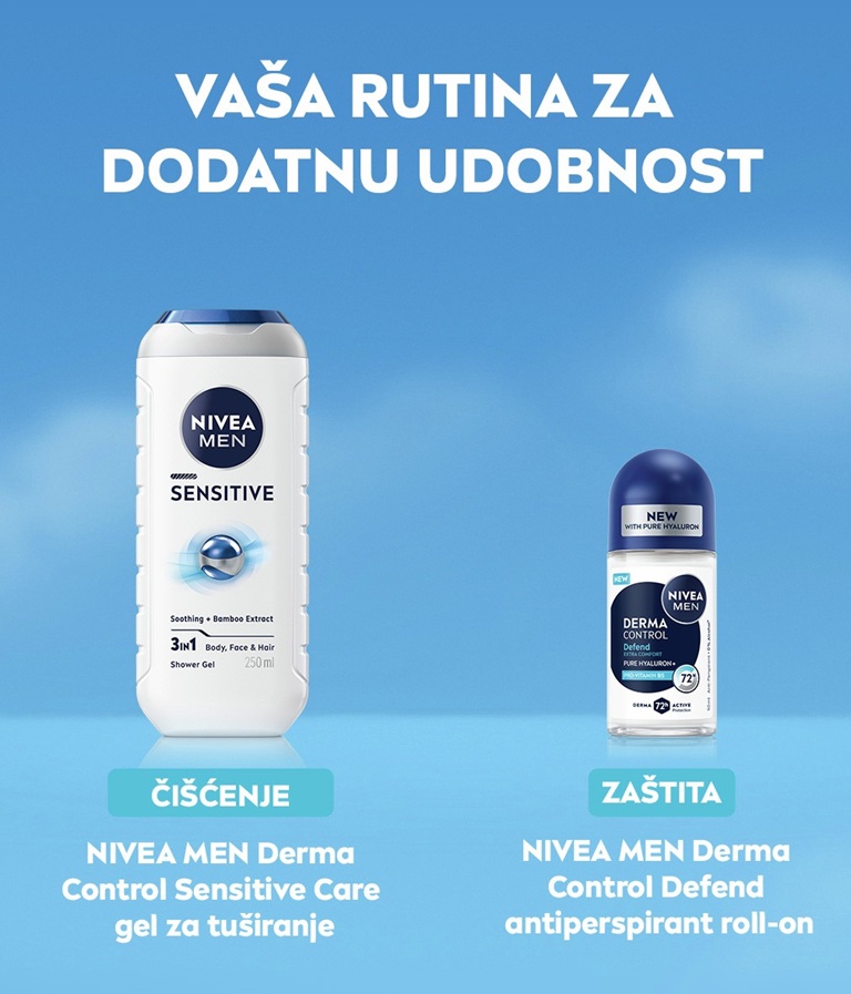 A young man smiles while lifting his arm and applying NIVEA MEN Derma Control Defend Deo Roll-On.