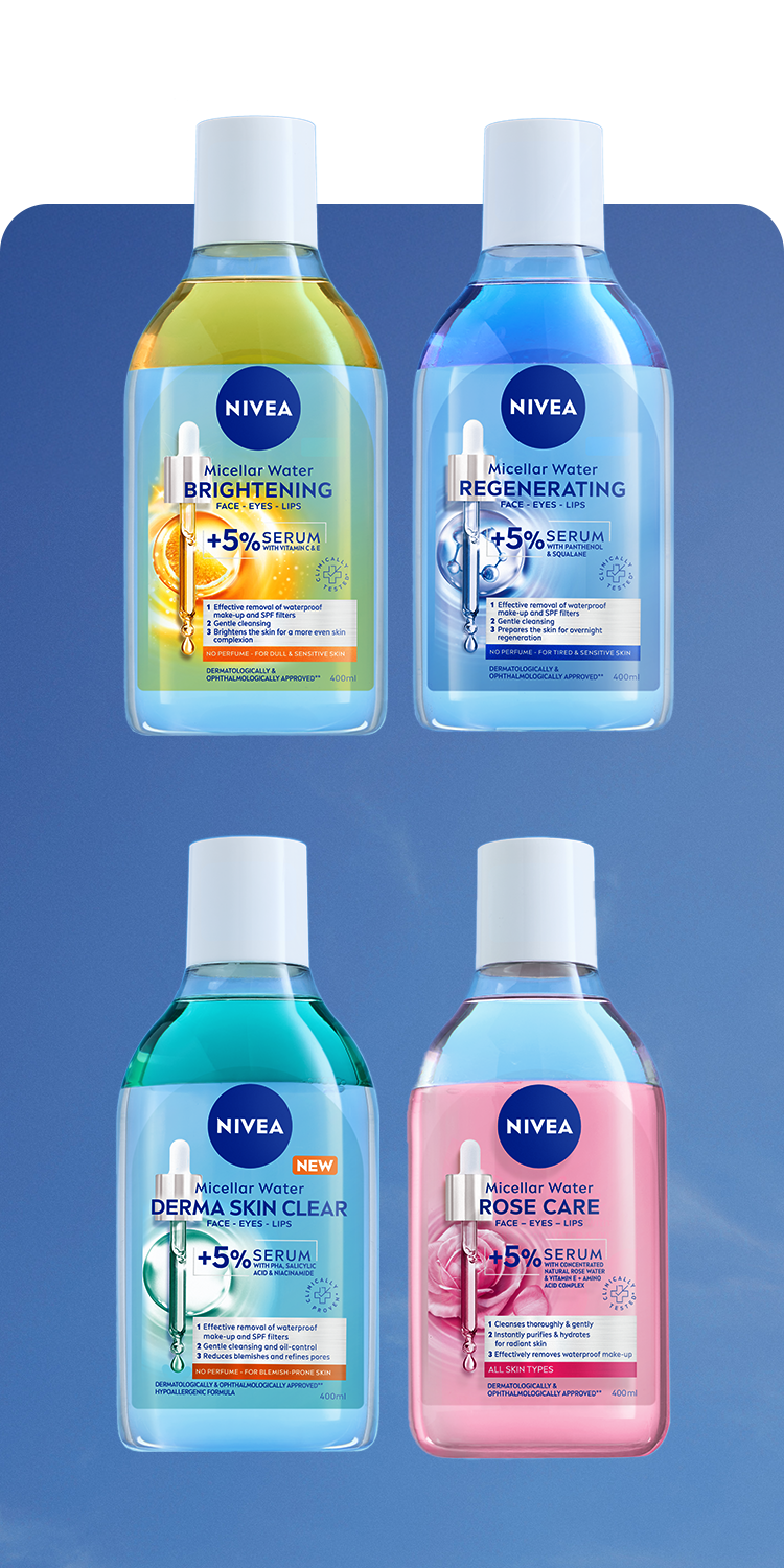 The NIVEA Serum-infused Micellar Water range of four products, featured over a sky blue background.