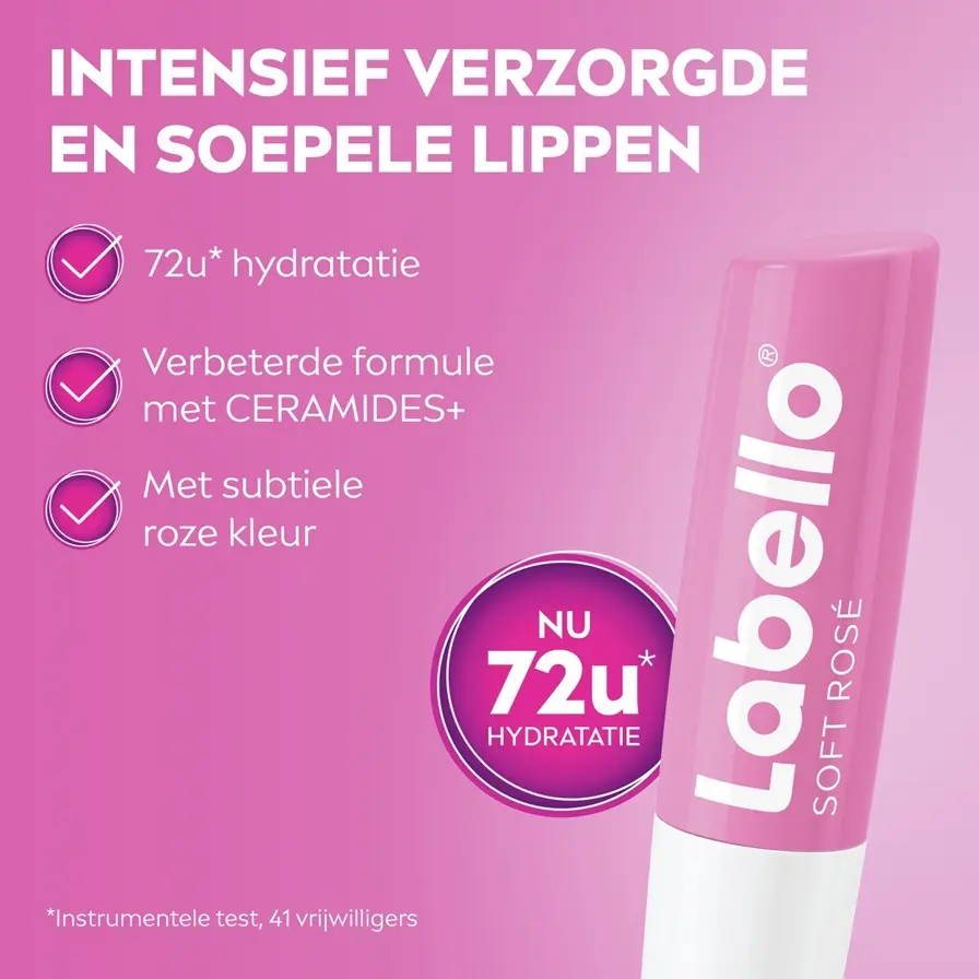 Pink tube of Labello Soft Rosé lip balm beside a list noting 72-hour hydration, ceramides and subtle pink tint