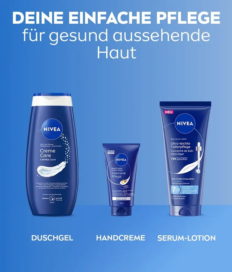 Eine Auswahl an NIVEA-Pflegeprodukten vor blauem Hintergrund: Duschgel, Handcreme und Body Serum Lotion.