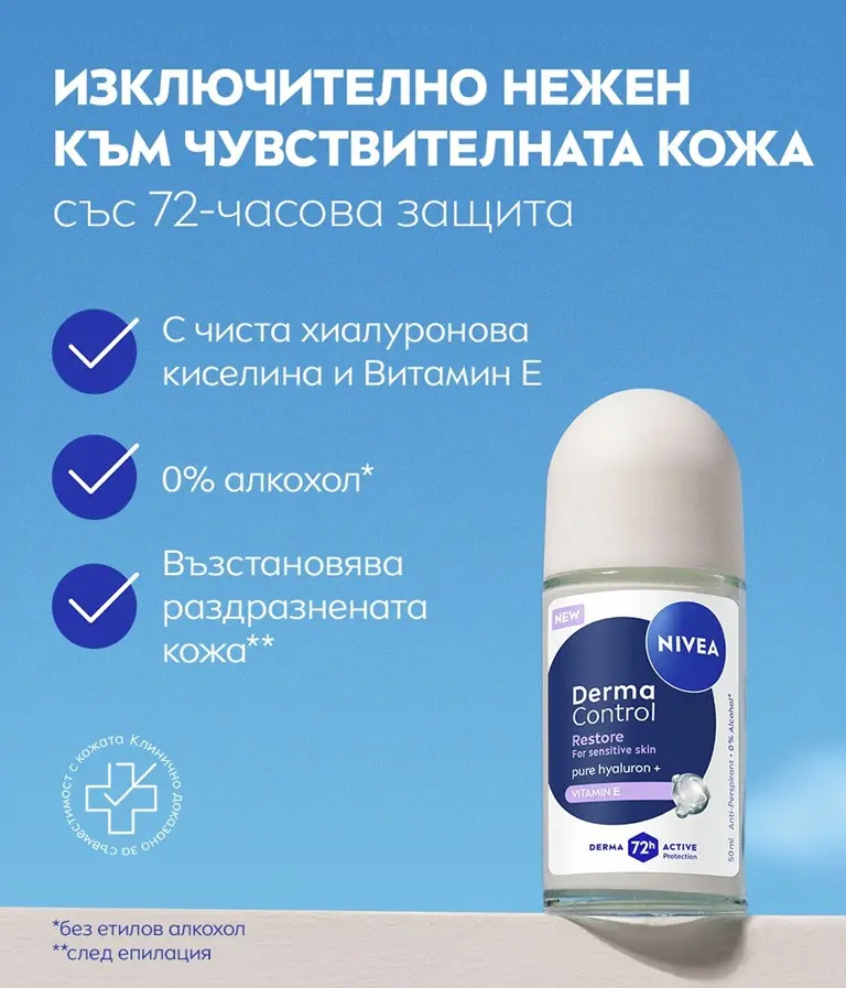 A hand holds up the NIVEA Derma Control Restore Deo Roll-On against a sky background, with list of benefits.