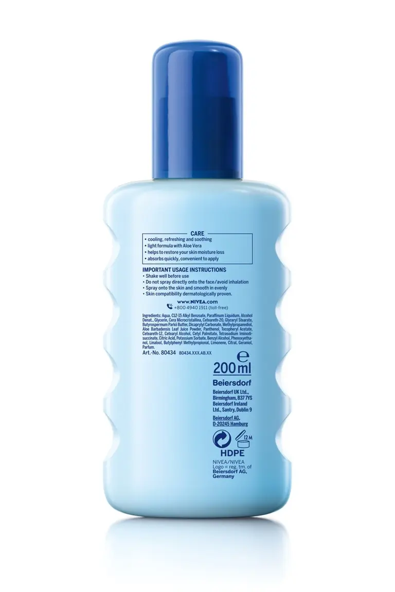 Back of a light blue 200 ml NIVEA spray bottle with dark blue cap, care details and usage instructions