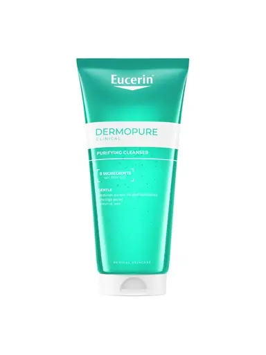 Eucerin DermoPure Clinical Purifying Cleanser tube on a white background