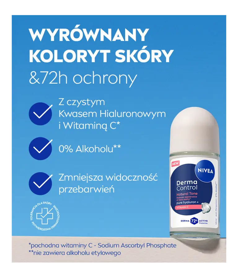 IVEA Derma Control Natural Tone Deo Roll-On prezentowany na tle niebieskiego nieba, z tekstem