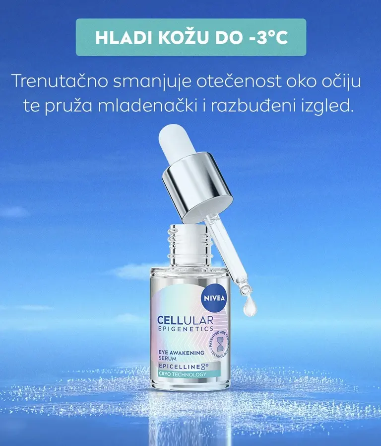 NIVEA CELLULAR Epigenetics serum za područje oko očiju, s pipetom koja ispušta kap seruma na ledenoj pozadini.