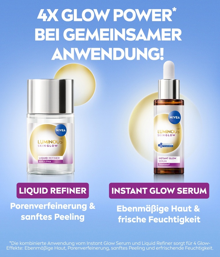 NIVEA LUMINOUS630® Skin Glow
Liquid Refiner and NIVEA LUMINOUS630® Skin Glow Instant Glow Serum with pale yellow circles featured behind the bottles.