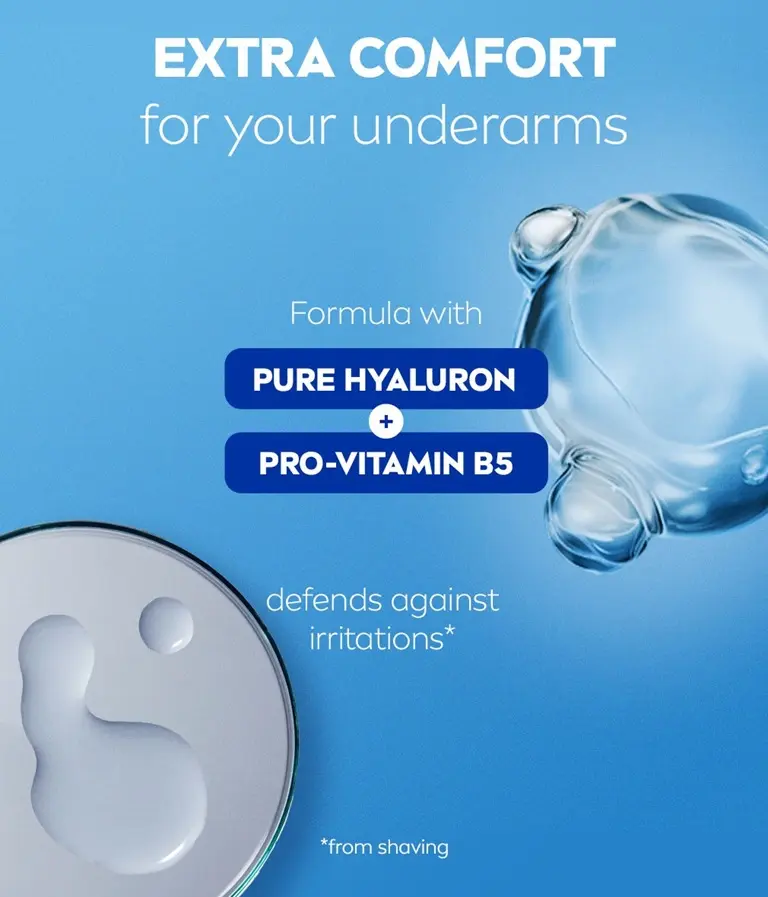 Ingredient molecules Pure Hyaluron and Pro-Vitamin B5, with the text: Extra comfort for your underarms.