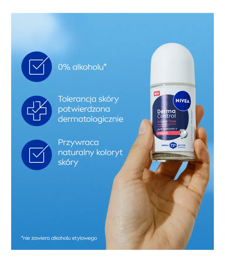 Ręka trzyma NIVEA Derma Control Natural Tone Deo Roll-On na tle nieba z listą korzyści