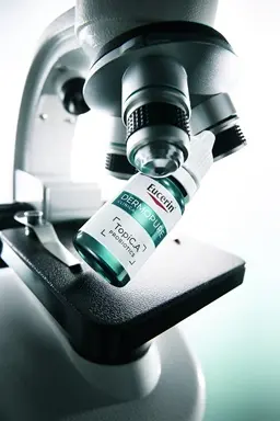Bottle of Eucerin Probiom8 TopiC.A beside a microscope