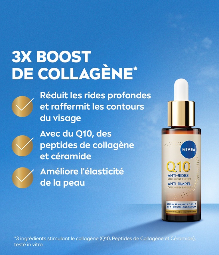 Sérum réparateur 3-en-1 NIVEA Q10 Anti-Rides Collagen Expert sur fond de ciel, avec liste des bénéfices.